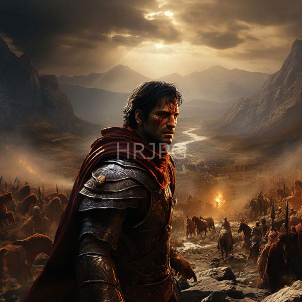 High Resolution: Muscular dark-haired warrior with blood on his face wears ornate silver armor standing in front of an army riding horses amidst mountains at sunset download. | HRJPG.com