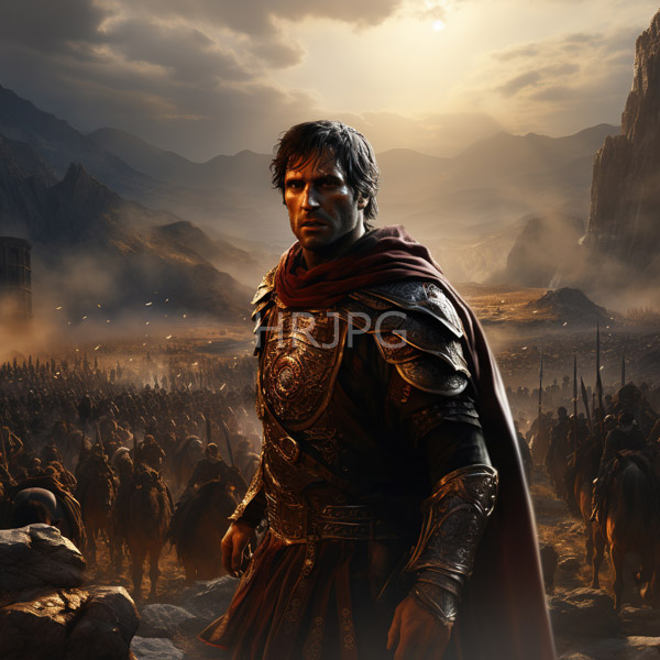 High Resolution: Chris Hemsworth as an armored warrior stands in front of his army at dawn with mountains and misty valleys behind him wearing ornate silver armor and a crimson cape download. | HRJPG.com