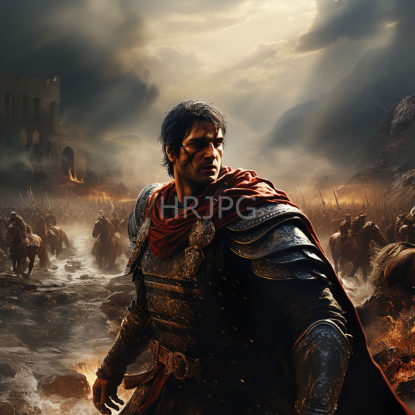 High Resolution: Muscular bearded man with dark hair and weathered skin leads an army in battle attire amidst smoke-filled chaos wearing ornate silver armor download. | HRJPG.com