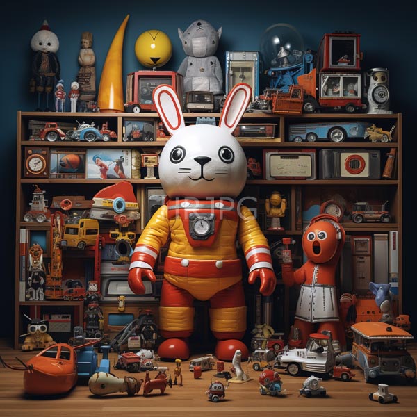 High Resolution: Eclectic toy room features two large colorful plush toys a white bunny in a spacesuit and an orange bear-like figure with shelves packed with vintage cars and robots download. | HRJPG.com