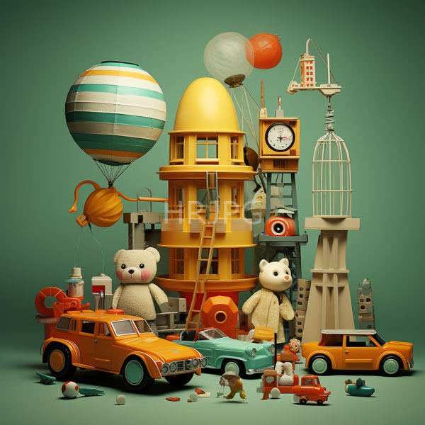 High Resolution: Eclectic whimsical scene with pastel colors two white teddy bears beside a yellow lighthouse-like structure with stairs one bear holds balloons download. | HRJPG.com