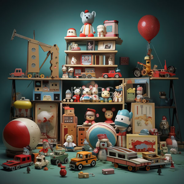 High Resolution: Eclectic vintage-style toy display against a teal background includes wooden shelves with various toys like teddy bears colorful trucks and a construction crane download. | HRJPG.com