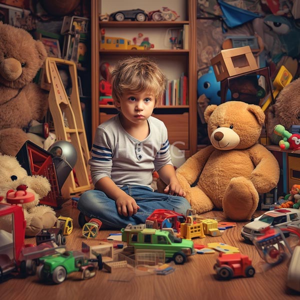 High Resolution: Young boy with light brown hair sitting on a wooden floor amidst scattered colorful toy cars surrounded by large teddy bears in a cozy cluttered room download. | HRJPG.com