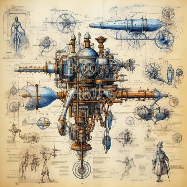 High Resolution: Intricate detailed drawing in steampunk style features mechanical and robotic designs on aged parchment paper with complex steam-powered machinery resembling early aircraft download. | HRJPG.com