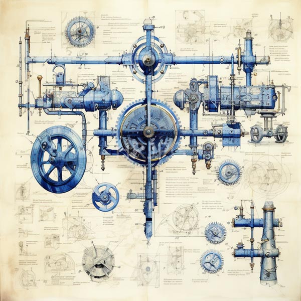 High Resolution: Intricate detailed technical drawing in watercolor and ink depicts complex blue industrial machinery with various gears pipes and circular components arranged symmetrically download. | HRJPG.com