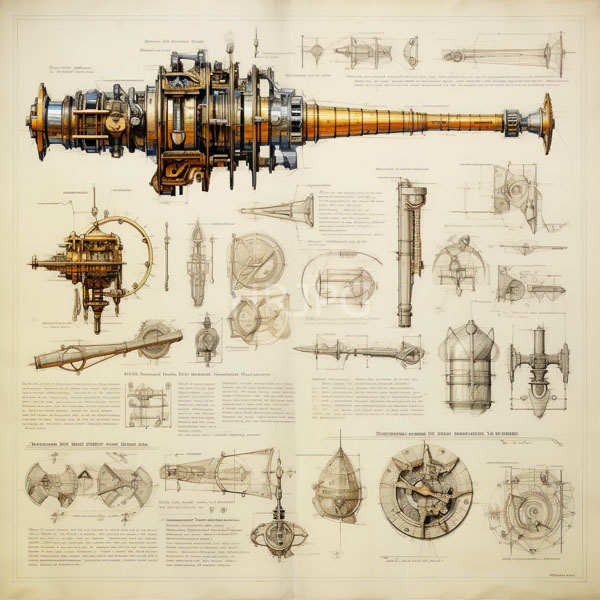 High Resolution: Intricate detailed technical drawing in vintage style on aged paper showcases various mechanical and industrial components of complex machinery with annotations download. | HRJPG.com