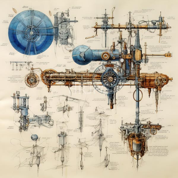 High Resolution: Intricate detailed technical drawing in colored ink and pencil on beige paper showcases various mechanical components of industrial machinery with blue circular elements download. | HRJPG.com