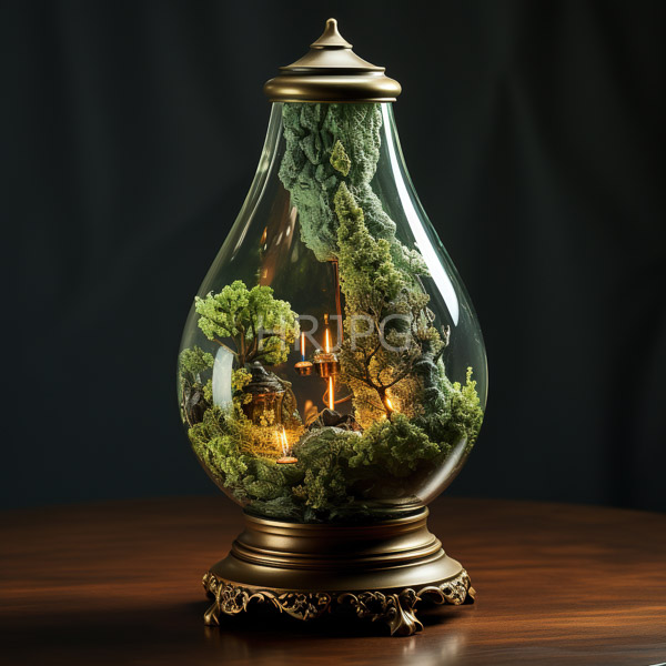 High Resolution: Ornate glass lantern with an intricate brass lid and base on a dark wooden table contains a miniature forest scene illuminated by warm candlelight download. | HRJPG.com