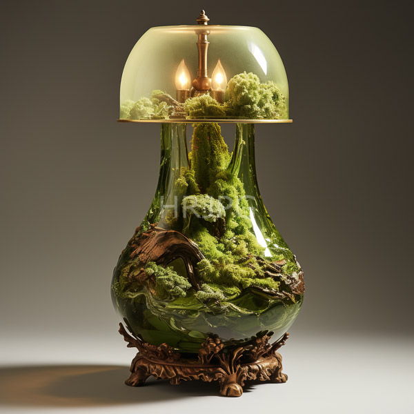 High Resolution: Ornate table lamp features a green glass base filled with moss and small tree roots topped by a transparent dome revealing three glowing candle-like bulbs download. | HRJPG.com