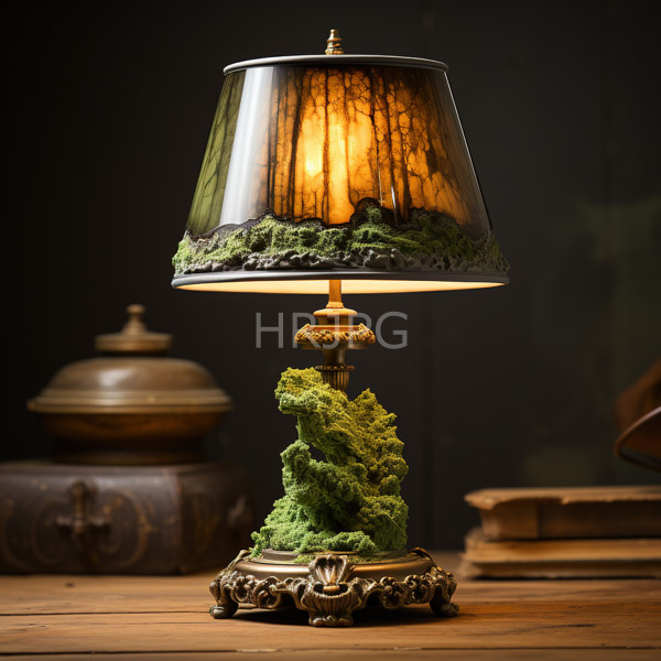 High Resolution: Ornate table lamp with a forest-themed shade featuring tree trunks and moss at its base with warm yellow light illuminating green textured material download. | HRJPG.com