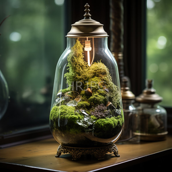 High Resolution: Ornate glass cloche jar contains lush green moss and small rocks on a wooden windowsill illuminated by warm light from within download. | HRJPG.com