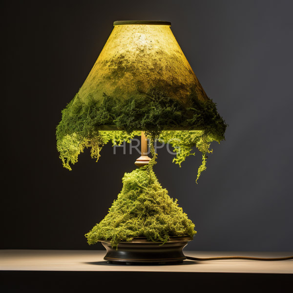 High Resolution: Artistic lamp with a moss-covered base and shade set against a dark background with yellow-tinted light illuminating greenery on the conical-shaped glass top download. | HRJPG.com
