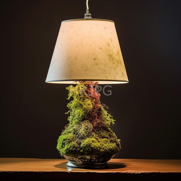 High Resolution: Eclectic table lamp with a white conical shade and a base covered in vibrant green moss interspersed with pink lichen on dark wood furniture download. | HRJPG.com