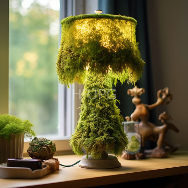 High Resolution: Eclectic table lamp with a moss-covered fabric shade emitting warm yellow light surrounded by various objects on a wooden surface in soft natural daylight download. | HRJPG.com