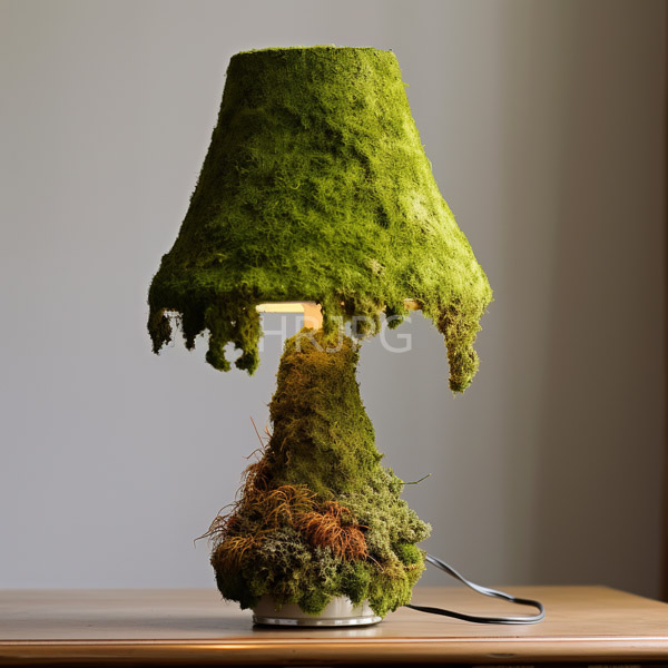 High Resolution: Unconventional table lamp with a base and shade covered in vibrant green moss creating textured patterns resembling natural growth on a wooden surface download. | HRJPG.com