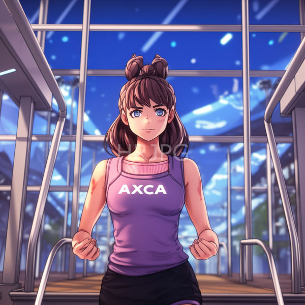 High Resolution: Anime-style athletic woman with brown hair in two buns wears a purple tank top and black shorts running on treadmills at night in a gymnasium with blue lighting download. | HRJPG.com