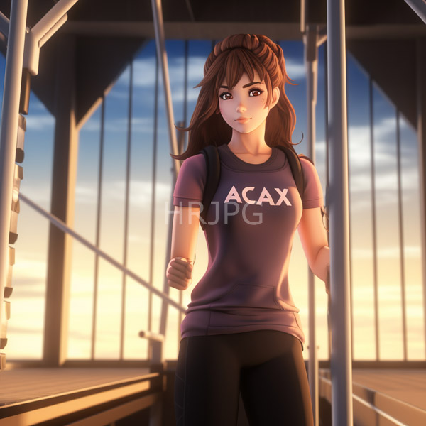 High Resolution: Anime-style young woman with brown hair in a ponytail wears a purple t-shirt and black pants standing on metal stairs at sunset holding her backpack strap download. | HRJPG.com