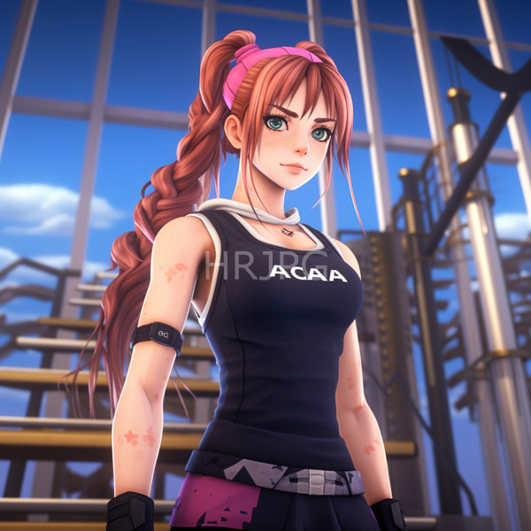 High Resolution: Athletic red-haired woman with green eyes and braided hair wears a black tank top and purple skirt standing indoors at a gym facility with large windows download. | HRJPG.com