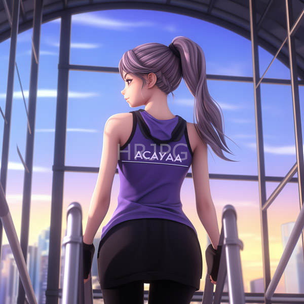 High Resolution: Anime-style athletic woman with long purple hair in a high ponytail facing away on stairs inside a modern glass-enclosed building at sunset download. | HRJPG.com