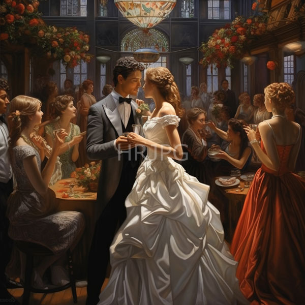 High Resolution: Oil painting depicts a romantic dance at a formal ballroom with Victorian-era attire a dark-haired man holds hands with a blonde woman in an off-shouldered white gown download. | HRJPG.com
