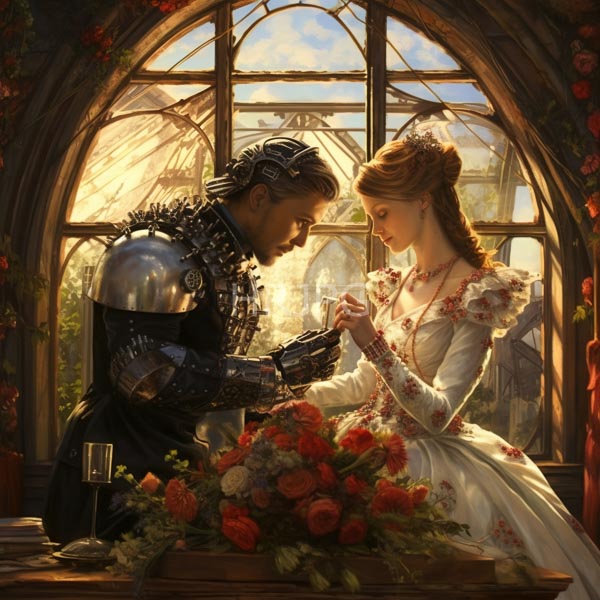 High Resolution: Ethereal romantic scene features a robotic knight with metallic armor and wings kneeling before a fair-skinned woman in a white floral gown holding hands download. | HRJPG.com