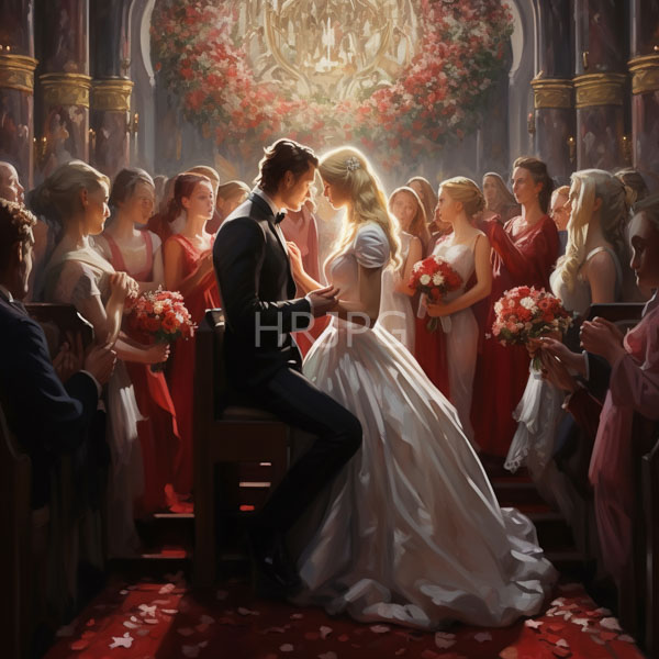High Resolution: Elegant wedding ceremony features a bride in a white satin gown and a groom in a black tuxedo exchanging vows at an altar surrounded by bridesmaids in red dresses download. | HRJPG.com