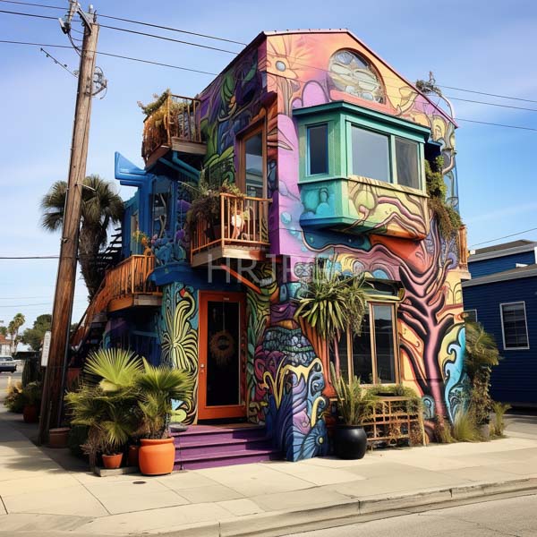 High Resolution: Eclectic two-story house with vibrant psychedelic patterns in shades of purple pink blue and green on its exterior walls with colorful balconies and potted plants download. | HRJPG.com