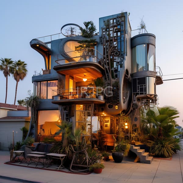 High Resolution: Avant-garde futuristic house at dusk with organic and industrial elements curved metal structures glass balconies potted plants and warm yellow lights inside download. | HRJPG.com