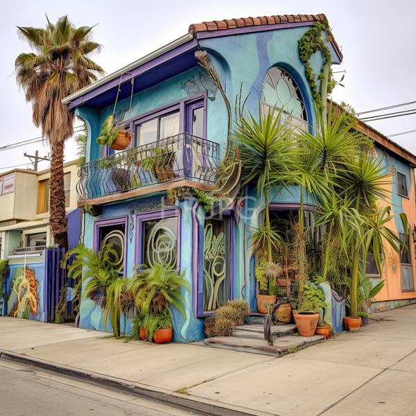 High Resolution: Eclectic two-story house with turquoise and purple painted walls adorned by vines potted palm trees line both sides near large windows with circular patterns download. | HRJPG.com
