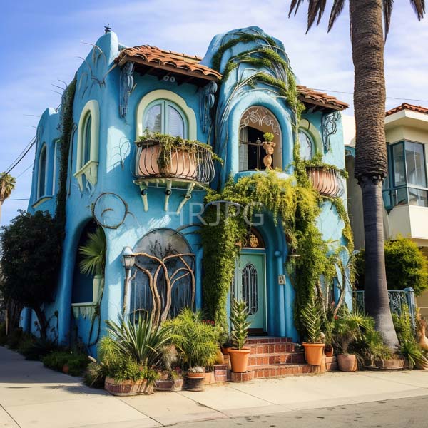 High Resolution: Eccentric blue-painted Victorian house with organic architectural elements and lush greenery climbing its facade with arched windows and terracotta roof tiles download. | HRJPG.com