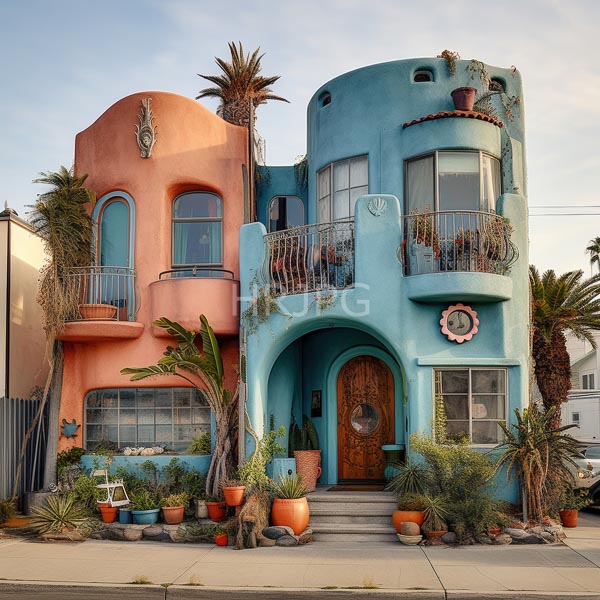 High Resolution: Two adjacent whimsical houses with curved facades one in pastel pink and the other turquoise blue both have potted plants on balconies with intricate door designs download. | HRJPG.com