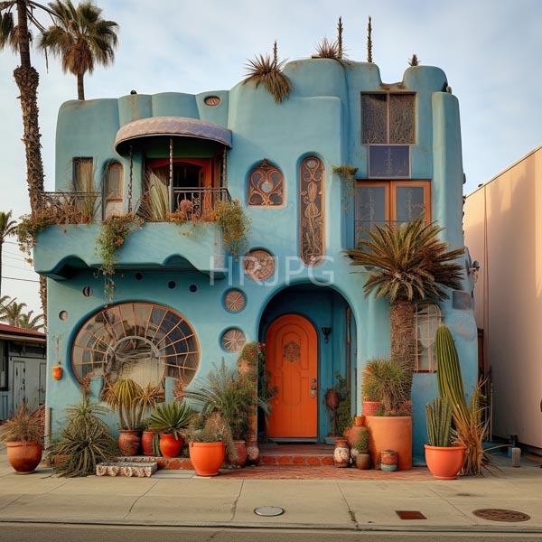 High Resolution: Eclectic two-story blue house with rounded edges and whimsical architectural details an orange door and a circular window on the ground floor download. | HRJPG.com