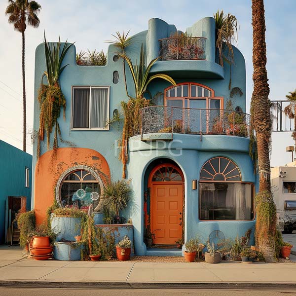 High Resolution: Eclectic two-story house with blue and orange stucco walls in desert style architecture rounded windows potted plants on balconies and a vibrant red door download. | HRJPG.com