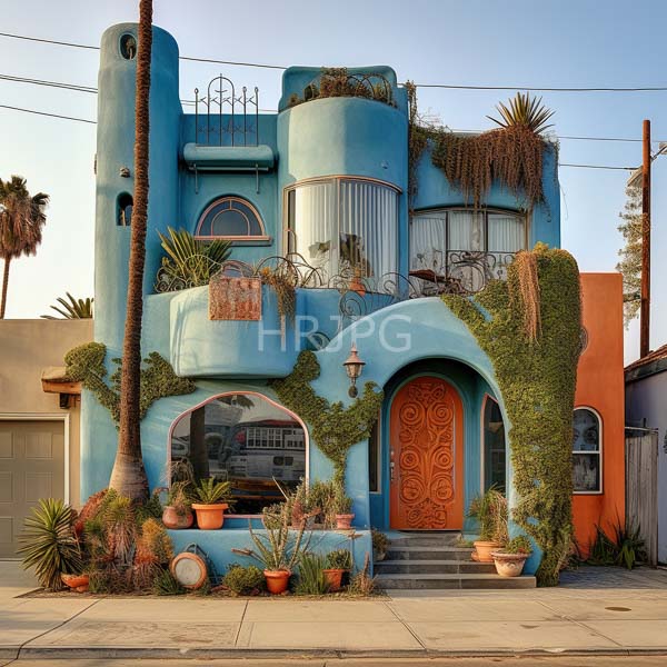 High Resolution: Eclectic two-story blue house with rounded corners and an ornate wooden door ivy climbs its walls and potted plants line the concrete steps download. | HRJPG.com