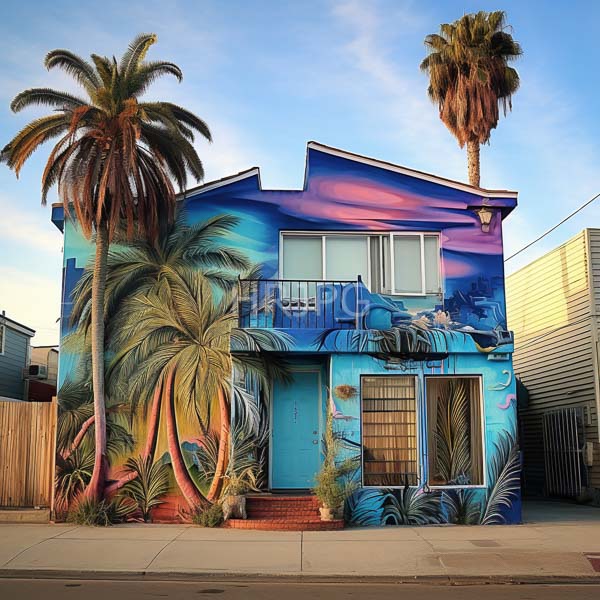 High Resolution: Two-story house with vibrant tropical mural artwork in shades of blue and green on its exterior walls depicting palm trees ocean waves and beach scenes download. | HRJPG.com