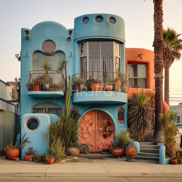 High Resolution: Eccentric two-story house with vibrant blue and orange stucco walls in Art Deco style with rounded edges circular windows and ornate pink doors download. | HRJPG.com