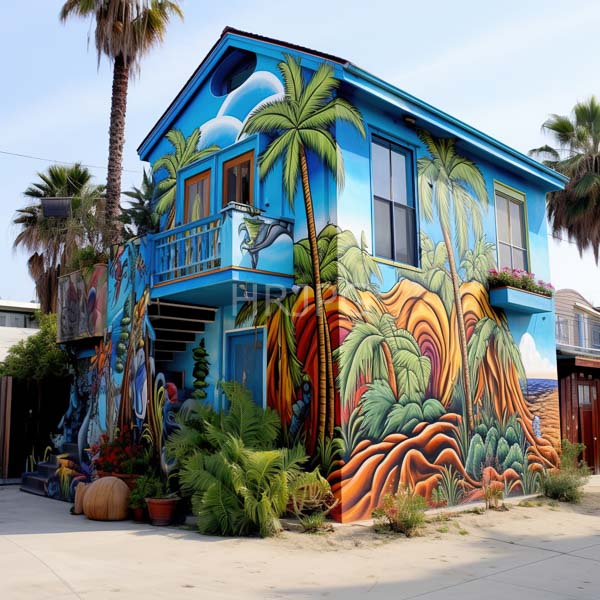 High Resolution: Eclectic two-story house with vibrant blue walls adorned in colorful tropical mural art featuring palm trees ocean waves and lush greenery download. | HRJPG.com