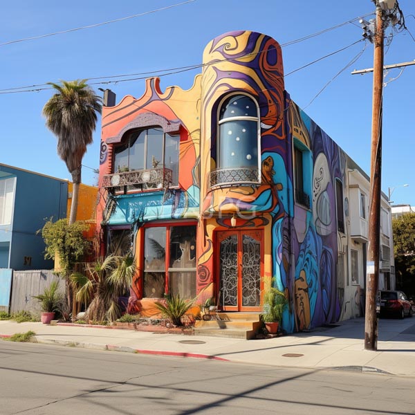 High Resolution: Eclectic two-story building with vibrant psychedelic mural artwork in swirling patterns and bright colors featuring ornate balconies download. | HRJPG.com