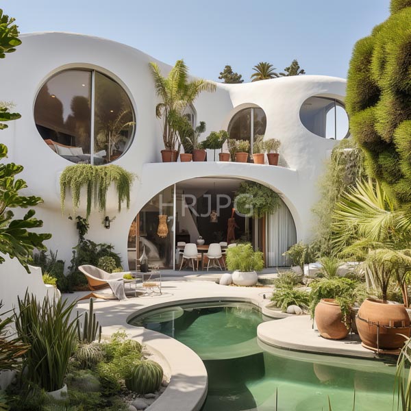 High Resolution: Modern white stucco house with circular windows and arches features an outdoor pool surrounded by lush greenery and potted plants on balconies download. | HRJPG.com