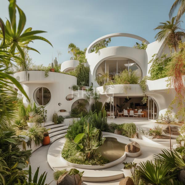 High Resolution: Eco-friendly modern white house with organic curves and circular windows surrounded by lush greenery with an outdoor pond in front download. | HRJPG.com
