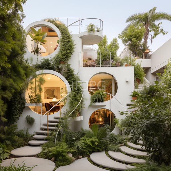 High Resolution: Eco-friendly modern two-story house with circular windows and lush greenery covering its white exterior walls featuring spiral staircases download. | HRJPG.com
