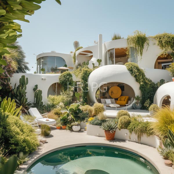 High Resolution: Eclectic white stucco villa with organic curves and arches covered in lush greenery featuring yellow armchairs inside arched entryways download. | HRJPG.com