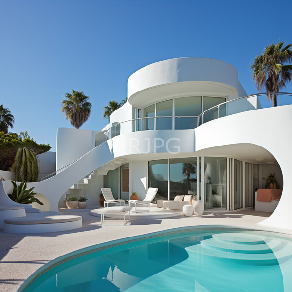 High Resolution: Modern white stucco villa with curved architecture and glass balconies features an outdoor pool in the foreground reflecting sunlight download. | HRJPG.com