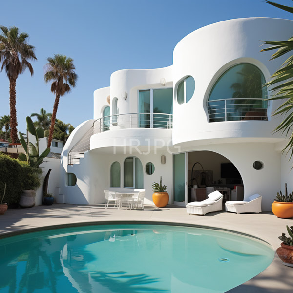 High Resolution: Modern white two-story house with curved architecture and large arched windows features an outdoor pool in the foreground with patio furniture download. | HRJPG.com