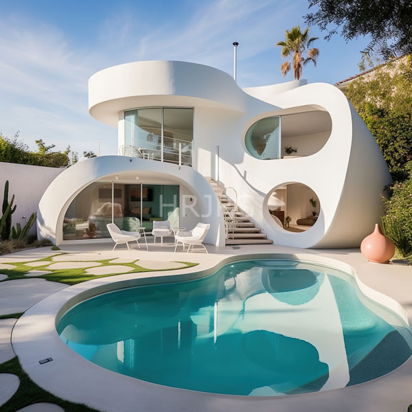 High Resolution: Modern white curved house with large circular windows and balconies features an outdoor pool in front with turquoise water reflecting sunlight download. | HRJPG.com