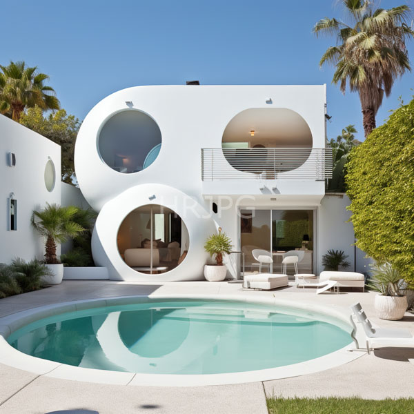 High Resolution: Modern white two-story house with circular windows and balconies features an oval swimming pool in the front yard surrounded by potted plants download. | HRJPG.com