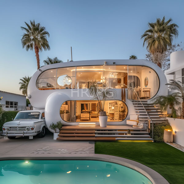 High Resolution: Modern white two-story house with rounded windows and organic shapes at dusk features a glass-walled upper level and a turquoise pool reflecting light download. | HRJPG.com