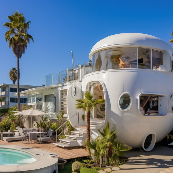 High Resolution: Ultra-modern white floating villa with rounded windows and circular cutouts on its exterior with multiple levels and a round swimming pool below download. | HRJPG.com