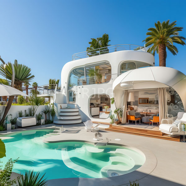 High Resolution: Modern white two-story villa with curved architecture and glass railings overlooks an infinity pool in clear blue water with palm trees nearby download. | HRJPG.com