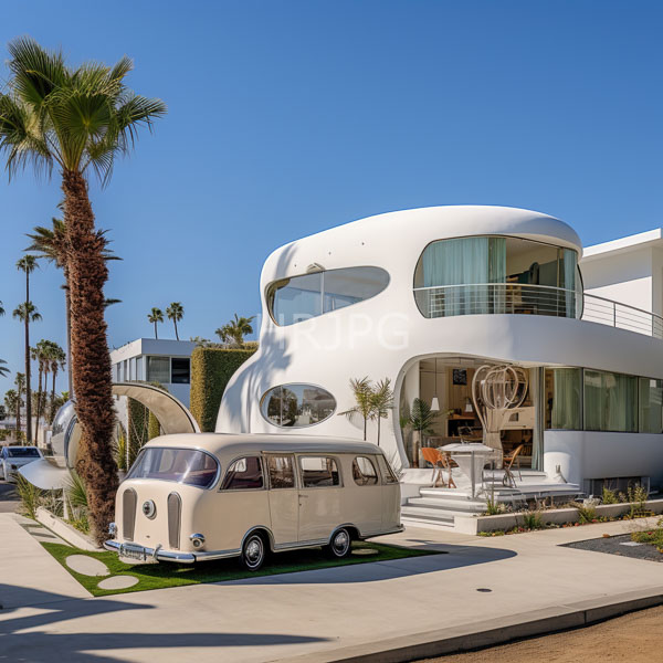 High Resolution: Modern white curved house with large windows and balconies a beige vintage Volkswagen van is parked on the green lawn in the front left corner download. | HRJPG.com